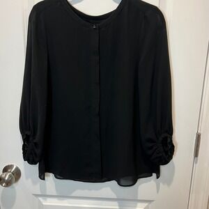 LOFT Black Button Neck Long Sleeve Sheer Blouse Women's Size S